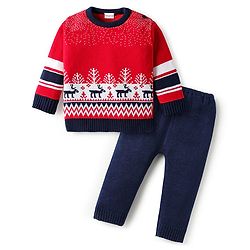 Babyhug Knitted Full Sleeves Pullover Sweater Set With Reindeer Design - Red & Navy Blue