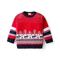 Babyhug Knitted Full Sleeves Pullover Sweater Set With Reindeer Design - Red & Navy Blue