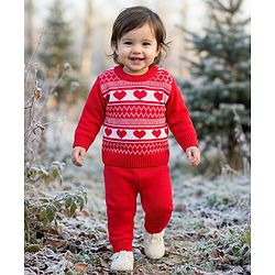 Babyhug Knitted Full Sleeves Sweater Set With Heart Design - Red