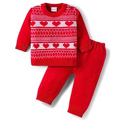 Babyhug Knitted Full Sleeves Sweater Set With Heart Design - Red