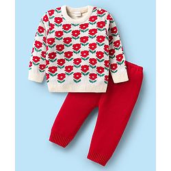 Babyhug Knitted Full Sleeves Sweater Set with Floral Design - Red & Cream