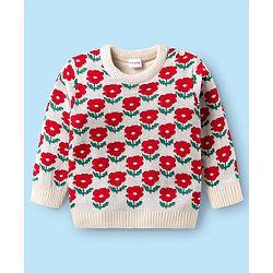 Babyhug Knitted Full Sleeves Sweater Set with Floral Design - Red & Cream
