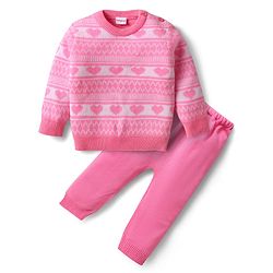 Babyhug Knitted Full Sleeves Sweater Set with Heart Design - Pink