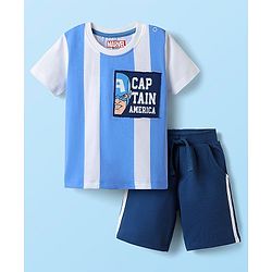 Babyhug Marvel Single Jersey Knit Half Sleeves Stripred T-Shirt & Shorts Set with Avengers Graphics - Light Blue & Navy Blue