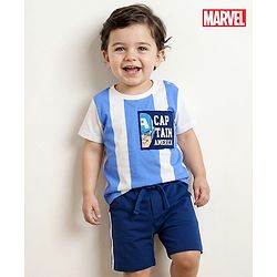 Babyhug Marvel Single Jersey Knit Half Sleeves Stripred T-Shirt & Shorts Set with Avengers Graphics - Light Blue & Navy Blue