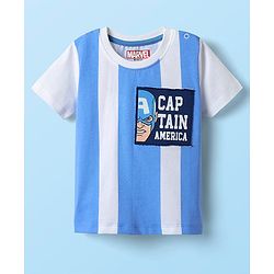 Babyhug Marvel Single Jersey Knit Half Sleeves Stripred T-Shirt & Shorts Set with Avengers Graphics - Light Blue & Navy Blue