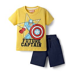 Babyhug Marvel Single Jersey Knit Half Sleeves T-Shirt & Shorts Set With Avengers Graphics - Yellow & Blue