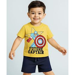 Babyhug Marvel Single Jersey Knit Half Sleeves T-Shirt & Shorts Set With Avengers Graphics - Yellow & Blue