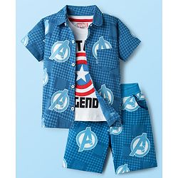 Babyhug Marvel Single Jersey Knit Half Sleeves Shirt & Shorts Co-Ord Set With Avengers Graphics & T-Shirt - Blue