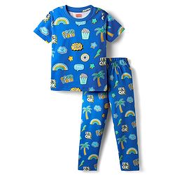 Babyhug Cotton Knit Half Sleeves Co Ord Night Suit with Funky Print - Blue