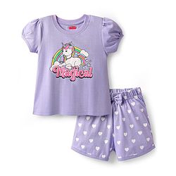 Babyhug Cotton Knit Frill Sleeves Shorts Night Suit With Unicorn Print - Lavender