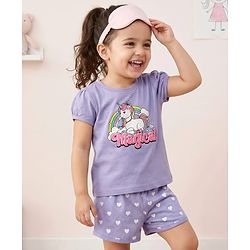Babyhug Cotton Knit Frill Sleeves Shorts Night Suit With Unicorn Print - Lavender
