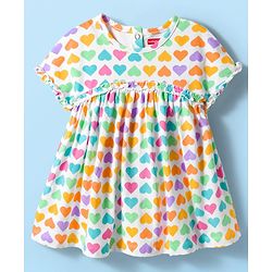 Babyhug Single Jersey Knit Half Sleeves Frock with Heart Print - White