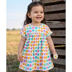 Babyhug Single Jersey Knit Half Sleeves Frock with Heart Print - White