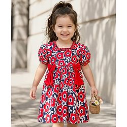 Babyhug Single Jersey Knit Half Sleeves Frock With Floral Print & Bow Applique - Multicolor