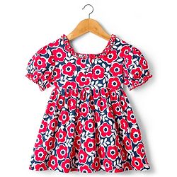 Babyhug Single Jersey Knit Half Sleeves Frock With Floral Print & Bow Applique - Multicolor