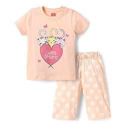 Babyhug Cotton Knit Half Sleeves Capri Night Suit With Kitten Print - Pink