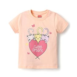 Babyhug Cotton Knit Half Sleeves Capri Night Suit With Kitten Print - Pink