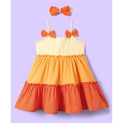 Babyhug Cotton Woven Sleeveless Frock With Bow Applique & Headband - Multicolor