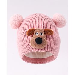 Babyhug Woollen Cap with Doggy & Bobble Applique Pink - Diameter 12 cm