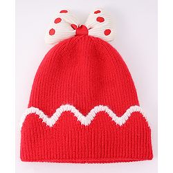 Babyhug Woollen Cap With Bow Applique Red & White - Diameter 13 cm