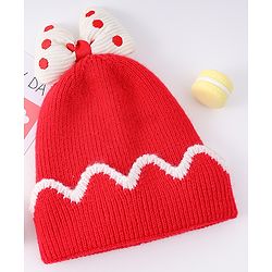 Babyhug Woollen Cap With Bow Applique Red & White - Diameter 13 cm