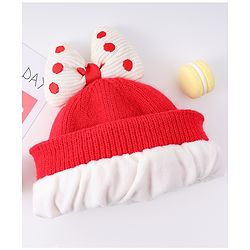 Babyhug Woollen Cap With Bow Applique Red & White - Diameter 13 cm
