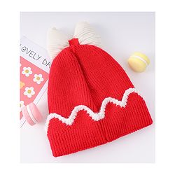 Babyhug Woollen Cap With Bow Applique Red & White - Diameter 13 cm