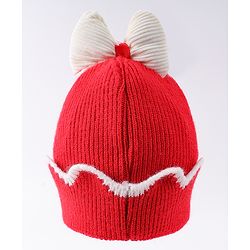 Babyhug Woollen Cap With Bow Applique Red & White - Diameter 13 cm