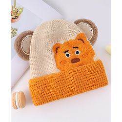 Babyhug Woollen Cap With Bear Face & Ear Applique  Orange - Diameter 10 cm