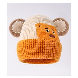 Babyhug Woollen Cap With Bear Face & Ear Applique  Orange - Diameter 10 cm