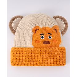 Babyhug Woollen Cap With Bear Face & Ear Applique  Orange - Diameter 10 cm