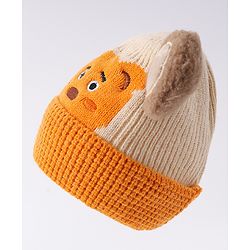 Babyhug Woollen Cap With Bear Face & Ear Applique  Orange - Diameter 10 cm