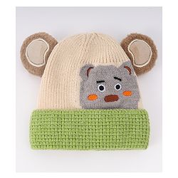Babyhug Woollen Cap With Bear Face & Ear Applique  Orange - Diameter 10 cm