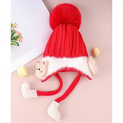 Babyhug Woollen Cap  With Cord & Bunny Applique Red - Diameter 13.5 cm