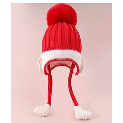 Babyhug Woollen Cap  With Cord & Bunny Applique Red - Diameter 13.5 cm
