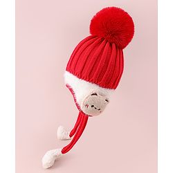 Babyhug Woollen Cap  With Cord & Bunny Applique Red - Diameter 13.5 cm