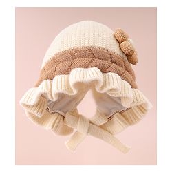 Babyhug Woollen Cap with Knot & Floral Applique Cream - Diameter 15 cm