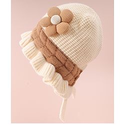 Babyhug Woollen Cap with Knot & Floral Applique Cream - Diameter 15 cm