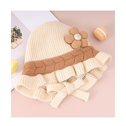 Babyhug Woollen Cap with Knot & Floral Applique Cream - Diameter 15 cm