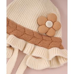 Babyhug Woollen Cap with Knot & Floral Applique Cream - Diameter 15 cm