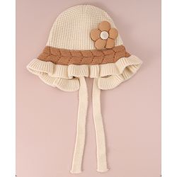 Babyhug Woollen Cap with Knot & Floral Applique Cream - Diameter 15 cm