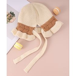 Babyhug Woollen Cap with Knot & Floral Applique Cream - Diameter 15 cm