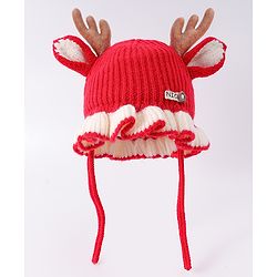 Babyhug Woollen Cap with Knot & Reindeer Ear Applique Red - Diameter 14 cm