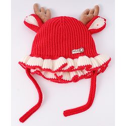 Babyhug Woollen Cap with Knot & Reindeer Ear Applique Red - Diameter 14 cm