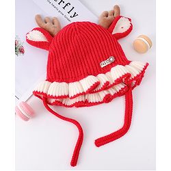 Babyhug Woollen Cap with Knot & Reindeer Ear Applique Red - Diameter 14 cm