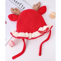 Babyhug Woollen Cap with Knot & Reindeer Ear Applique Red - Diameter 14 cm