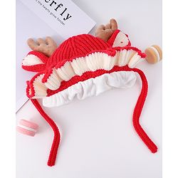 Babyhug Woollen Cap with Knot & Reindeer Ear Applique Red - Diameter 14 cm