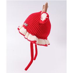 Babyhug Woollen Cap with Knot & Reindeer Ear Applique Red - Diameter 14 cm