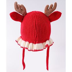 Babyhug Woollen Cap with Knot & Reindeer Ear Applique Red - Diameter 14 cm